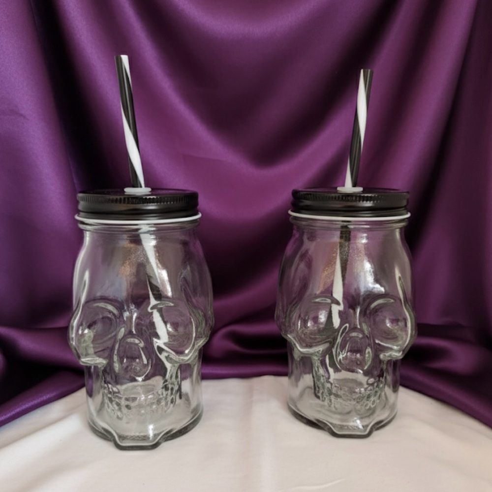 Skull Mason Jar Mugs with Lids & Straws (Set of 2)